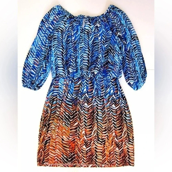 Maggy London Blue Orange Ombre Chevron Stretch Long Sleeve Dress 8 NWT - Picture 1 of 3